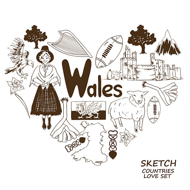 Wales symbols in heart shape concept Sketch collection of Wales symbols. Heart shape concept. Travel background welsh culture stock illustrations