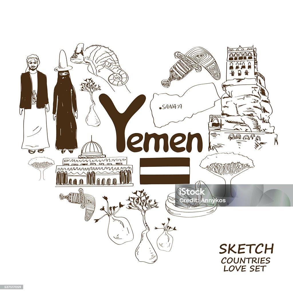 Yemen symbols in heart shape concept Sketch collection of Yemen symbols. Heart shape concept. Travel background Bread stock vector