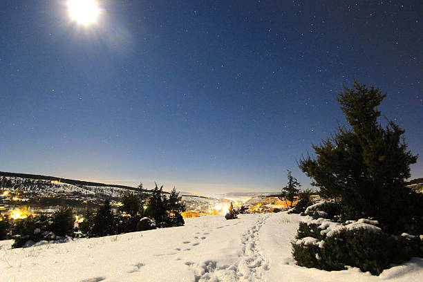 istock moon shining on a snowy hills and tree with luminous 537518569