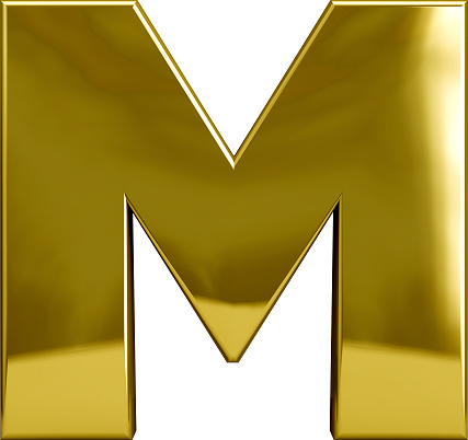 Gold metal M letter character isolated on white. Including clipping path. Part of complete alphabet set.