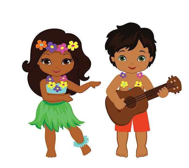 ilustrações de stock, clip art, desenhos animados e ícones de ilustração de menino a brincar guitarra e dançar hula havaiano rapariga - animated cartoon music teens arts and entertainment
