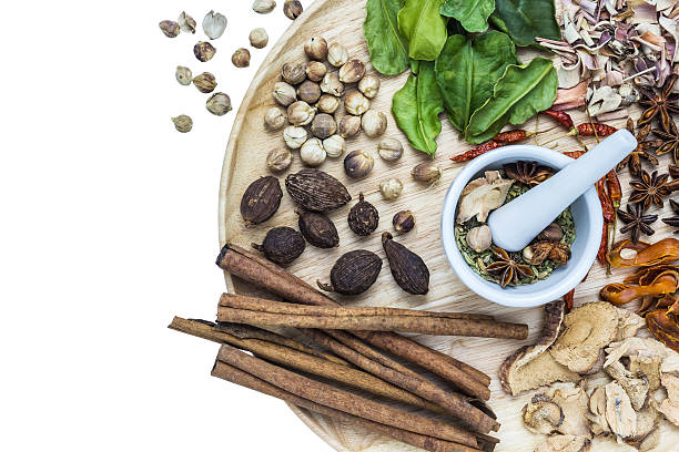 herbal medicine - cardamom cinnamon mortar and pestle herb stock-fotos und bilder