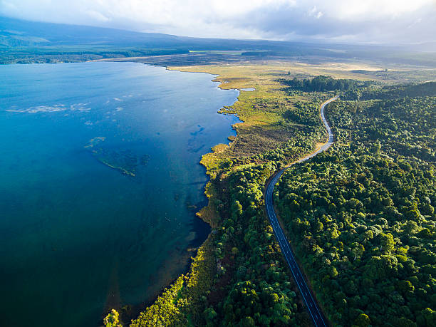 Lake Rotoaira Aerial view of Lake Rotoaira, Taupo / New Zealand coromandel peninsula stock pictures, royalty-free photos & images