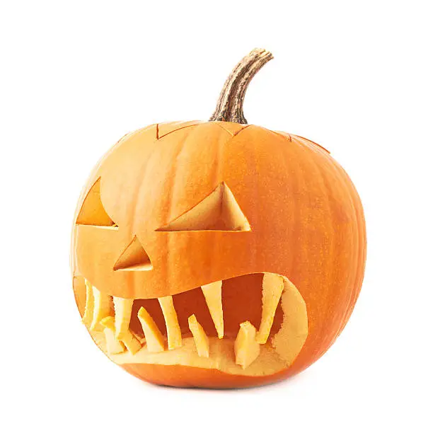 Jack-o'-lanterns orange halloween pumpkin head with the sharp teeth and scary facial expression, isolated over the white background