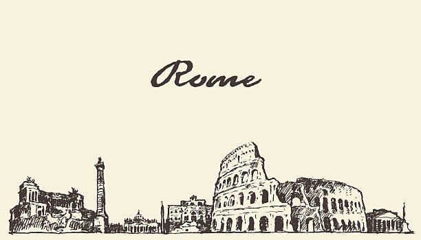 로마 스카이라인 빈티지 일러스트 그린 도면 - rome coliseum famous place architecture stock illustrations