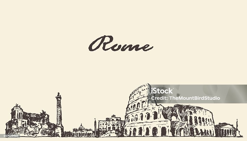Rome skyline vintage illustration drawn sketch Rome skyline vintage engraved illustration hand drawn sketch Italy stock vector