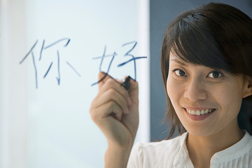 Woman writing hello in chinese