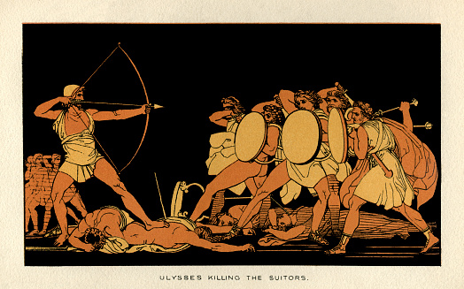 Ulysses killing the suitors who vied for Penelope’s hand in marriage. From “Stories From Homer” by the Rev. Alfred J. Church, M.A.; illustrations from designs by John Flaxman. Published by Seeley, Jackson & Halliday, London, 1878.