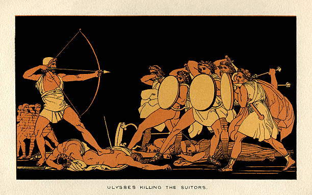 Ulysses killing the suitors Ulysses killing the suitors who vied for Penelope’s hand in marriage. From “Stories From Homer” by the Rev. Alfred J. Church, M.A.; illustrations from designs by John Flaxman. Published by Seeley, Jackson & Halliday, London, 1878. mythological character stock illustrations