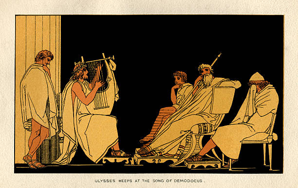 ilustraciones, imágenes clip art, dibujos animados e iconos de stock de ulysses weeps en la canción de demodocus - mitologia griega