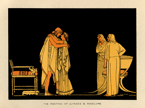 The reunion between Ulysses and Penelope. From “Stories From Homer” by the Rev. Alfred J. Church, M.A.; illustrations from designs by John Flaxman. Published by Seeley, Jackson & Halliday, London, 1878.