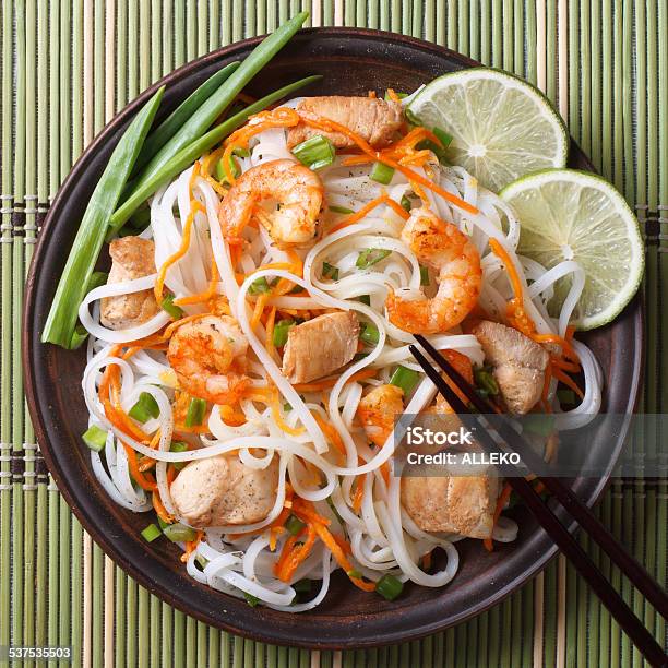 Rice Noodles With Chicken Shrimp And Vegetables Closeup Stock Photo - Download Image Now