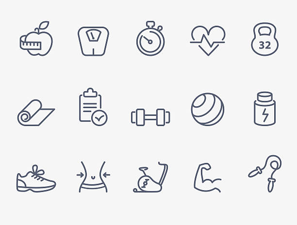 фитнес icons - human muscle muscular build dumbbell sports training stock illustrations