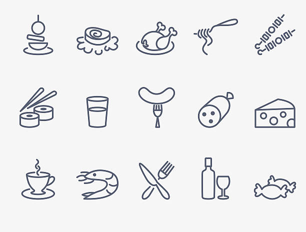 ilustraciones, imágenes clip art, dibujos animados e iconos de stock de iconos de alimentos - salad shrimp prawn prepared shrimp