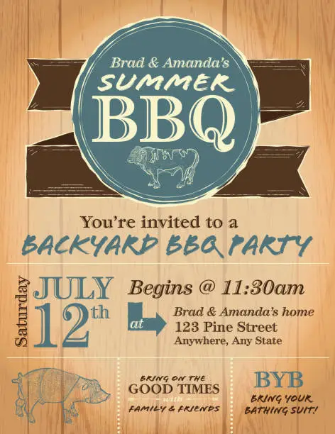 Vector illustration of BBQ Rustic wooden barbecue invitation design template