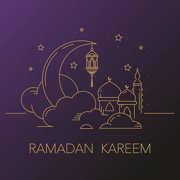 ilustraciones, imágenes clip art, dibujos animados e iconos de stock de ramadán kareem fondo con luna, linterna, mezquita en las nubes. - ramadan
