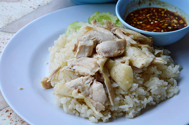 istock steamed chicken and rice eat with sauce on dish 537540358