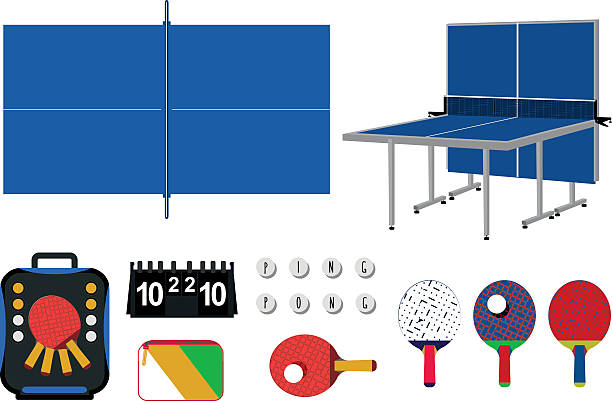 Beautiful set of ping pong equipment. Beautiful set of ping pong equipment with all objects easy editable, isolated on white background. ping pong table stock illustrations