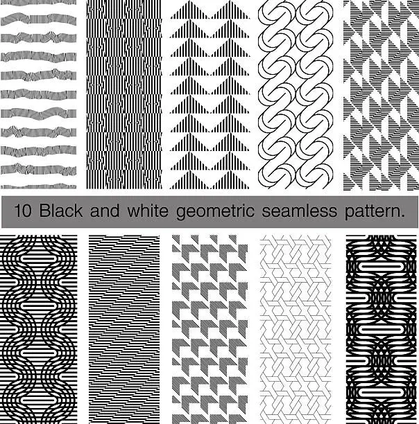 Vector illustration of Collection of black and white geometric seamless pattern.