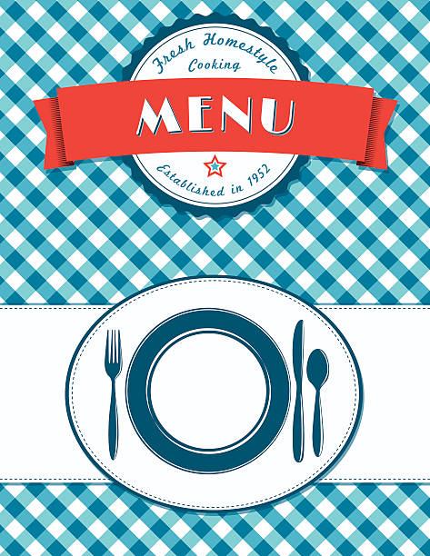 ilustrações, clipart, desenhos animados e ícones de design de capa de menu de configuração no fundo xadrez - fork place setting silverware plate