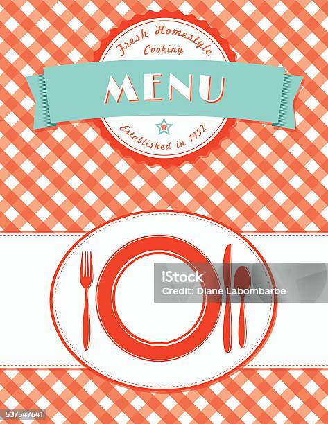 Place Setting Menu Cover Design On Plaid Background Stock Illustration - Download Image Now