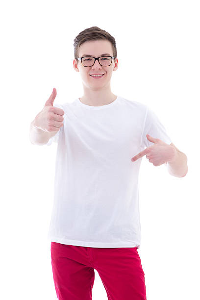 istock happy young man in blank t-shirt pointing at himself 537548146