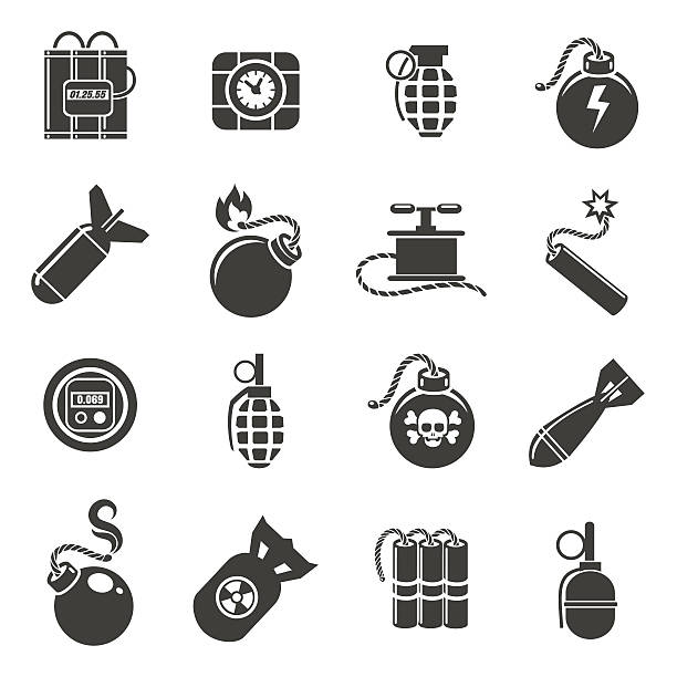 Bomb and explosives icons Bomb icons. Bombs and grenades, mines and explosives icons. Vector illustration hand grenade stock illustrations