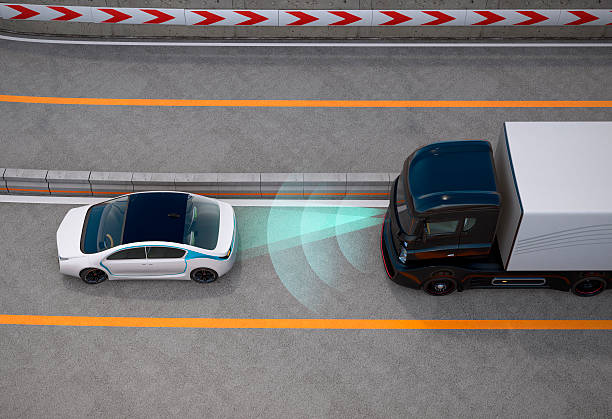 istock Black truck stopped on highway by automatic braking system 537550676