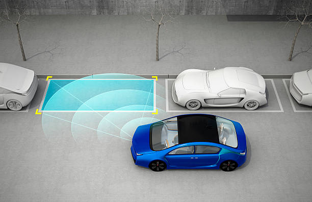 istock Blue car driving into parking lot with parking assist system 537550746