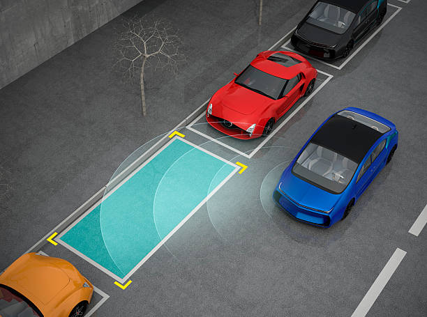 istock Blue car driving into parking lot with parking assist system 537550810