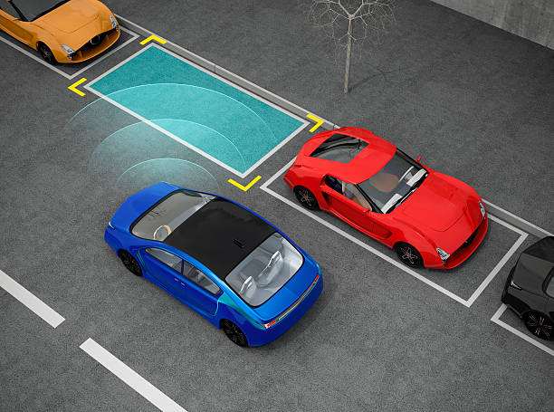 istock Blue car driving into parking lot with parking assist system 537550884