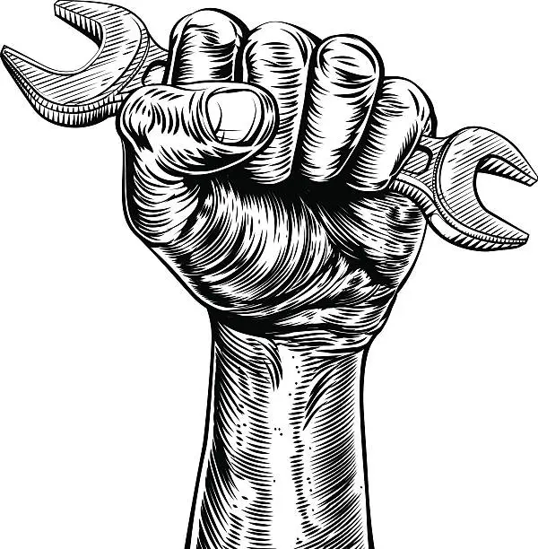 Vector illustration of Propaganda Woodcut Fist Hand Holding Spanner