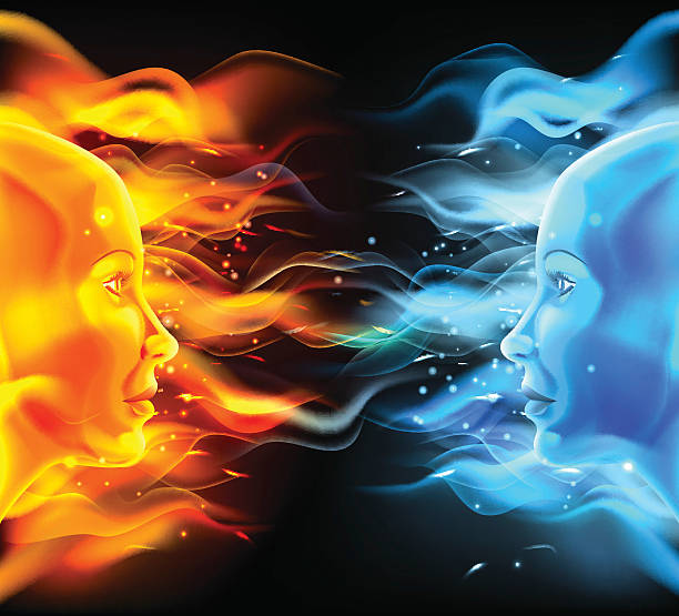 Opposites Faces Concept Opposites faces concept of two faces with fire or flames one hot orange and one cold blue. Could be a concept for the sun and moon, hot and cold, summer and winter, passion and logic or similar. water divide stock illustrations