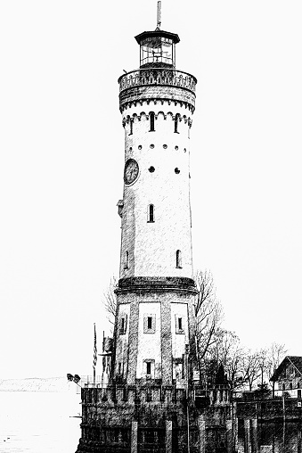 Illustration of lighthouse on lake Bondesee made in sketch style.