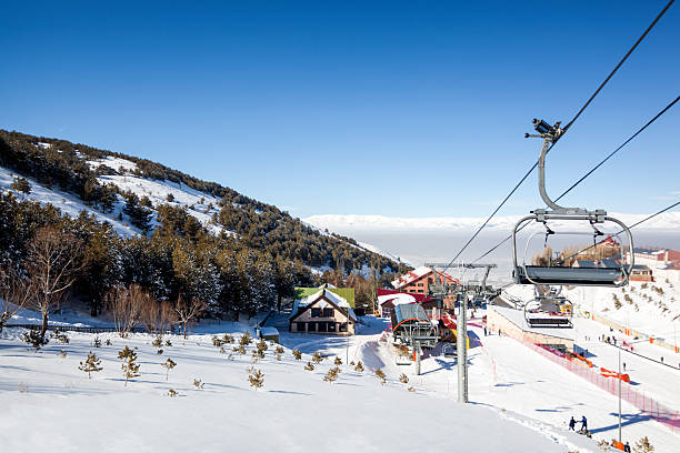 blick auf den ski resort - ski slope overhead cable car snow frost stock-fotos und bilder