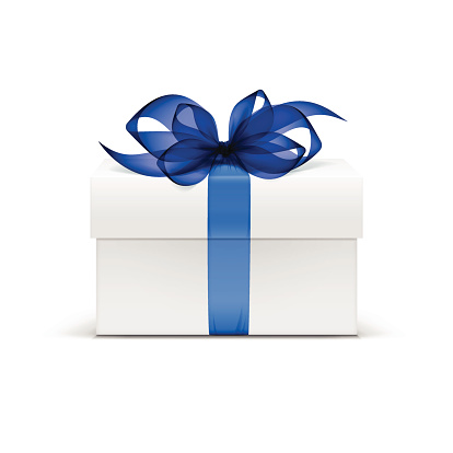 Vector White Square Gift Box with Blue Ribbon and Bow Isolated on Background