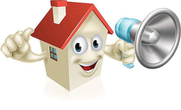 House Holding Megaphone An illustration of a cartoon house character holding a megaphone and giving a thumbs up. Concept for, real estate, auction or other bull head man stock illustrations
