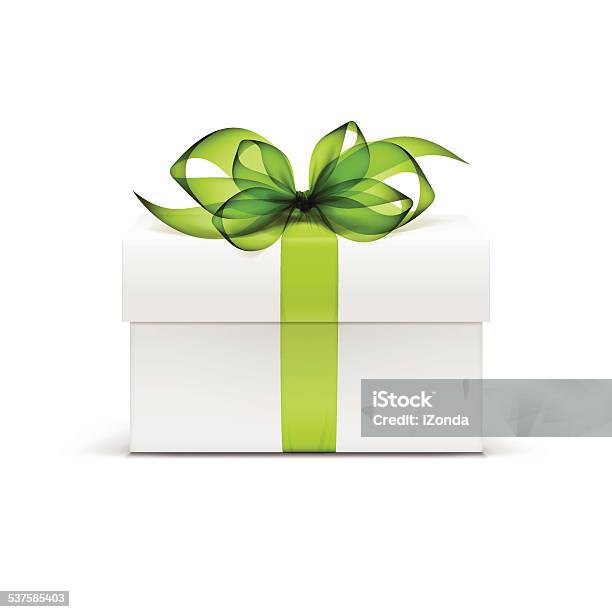 White Box With Green Ribbon And Bow Isolated On Background Stock Illustration - Download Image Now
