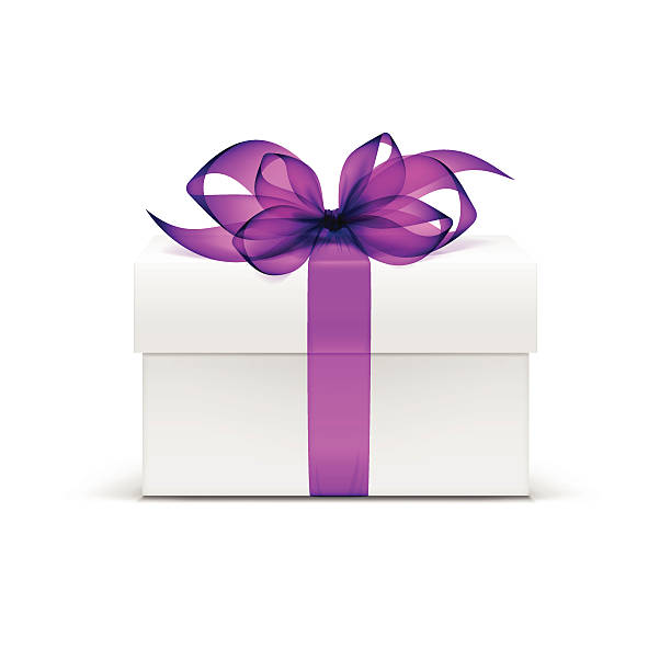 białe pudełko z fioletowy wstążka i łuk wyizolowane na tle - gift box box three dimensional shape blank stock illustrations