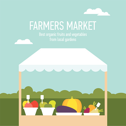 Modern flat illustration of farmer's market produce stand on country background. Easy to edit, elements are grouped and in separate layers.