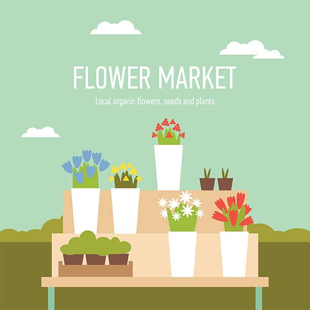 Flower market stand Modern flat illustration of flower market produce stand on country background. Easy to edit, elements are grouped and in separate layers. flower market stock illustrations
