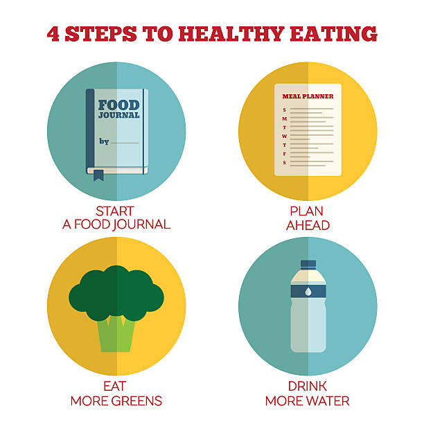 плоский стиль и инфографика. 4 шага к здоровое питание - leaf vegetable planning food healthy eating stock illustrations