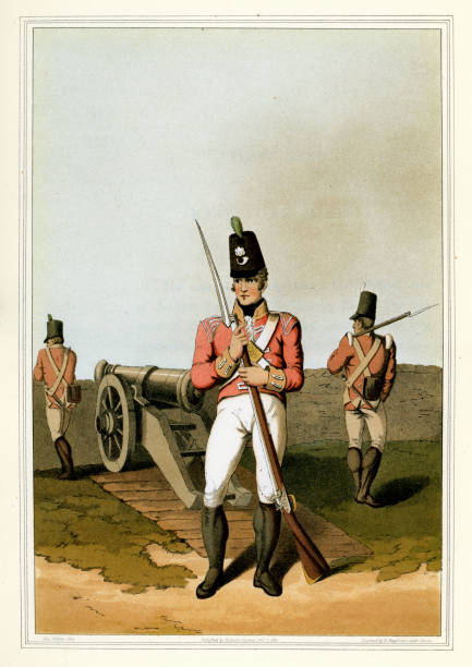 Costumes of Yorkshire - East York Militia Vintage colour engraving of a Light INfantry man from the East York Militia, or Beverley Buffs. The Costume of Yorkshire by George Walker. 1815 bayonet stock illustrations