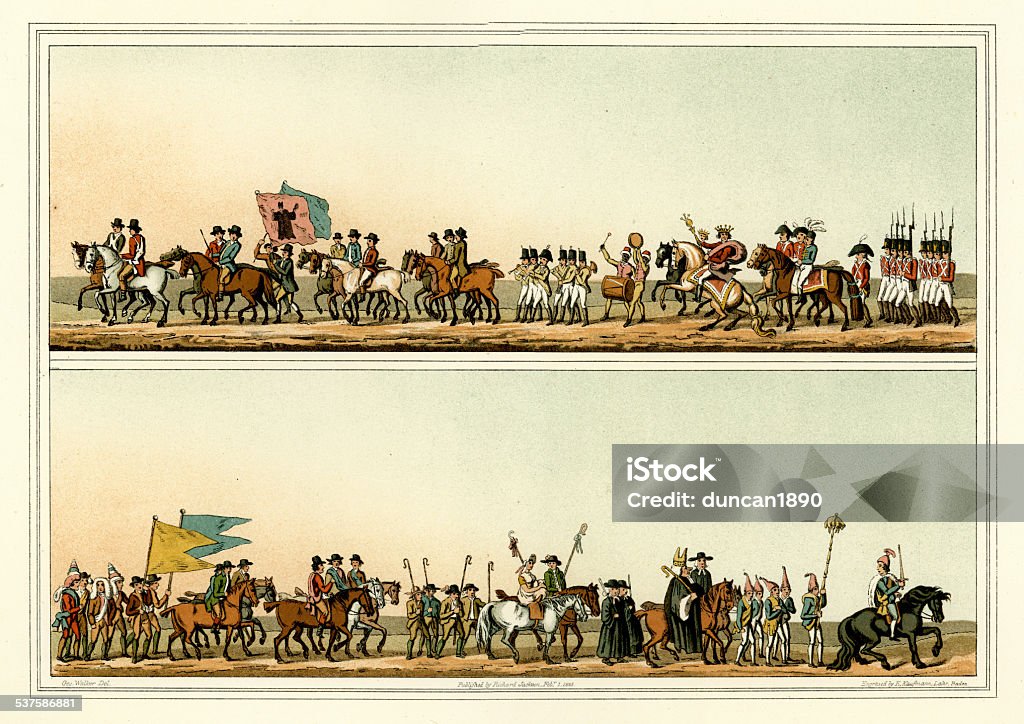 Costumes of Yorkshire - Bishop blaize Vintage colour engraving of the Bishop Baize or Blasius. A religous procession in honour of Saint Blaise, the patron saint of wool combers. The Costume of Yorkshire by George Walker. 1815 1810-1819 stock illustration