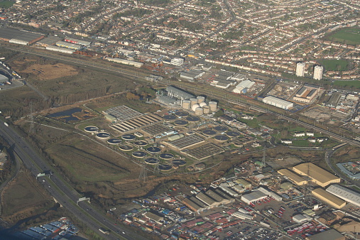 Water Treatment Plant on the outskirts of London, taken from the air coming into land at London City Airport.