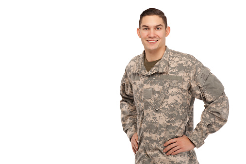 Portrait of soldier posing with hands on hips