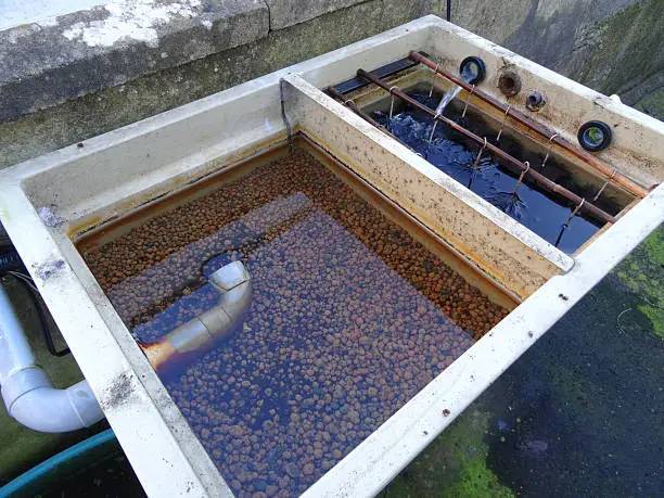 Photo showing a small garden pond filter, consisting of two chambers - brushes and Japanese matting, and pea gravel / lytag.  This filter is necessary to maintain the water quality adjacent pond, so that the goldfish and koi carp will thrive and grow, enjoying clear, purified pond water.
