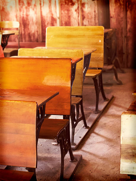 istock Old fashioned wooden desks in a schoolhouse 537604862