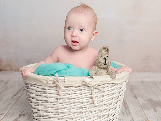 istock funny little baby sitting in basket 537607454