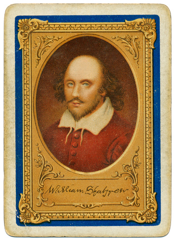 This is the back design on a Charles Goodall playing card dating to 1916. It shows a version of the Shakespeare 'Chandos portrait', painted in around 1605 by (maybe) John Taylor. It is believed to be the only portrait of Shakespeare painted from life. The style of this pack of playing cards dates it to between 1907 and 1920, making it probable that it delebrated the tercentenary of Shakespear's death.